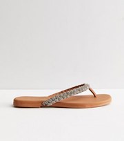 New Look Wide Fit Silver Leather Diamante Toe Post Sandals